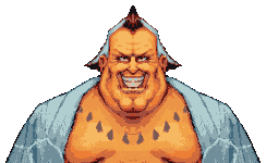 A bust of a sumo man with an evil grin.